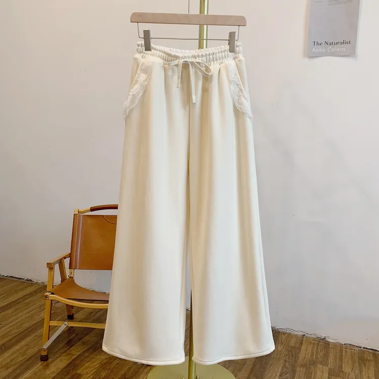 C4998加绒蕾丝边松紧腰系带阔腿裤