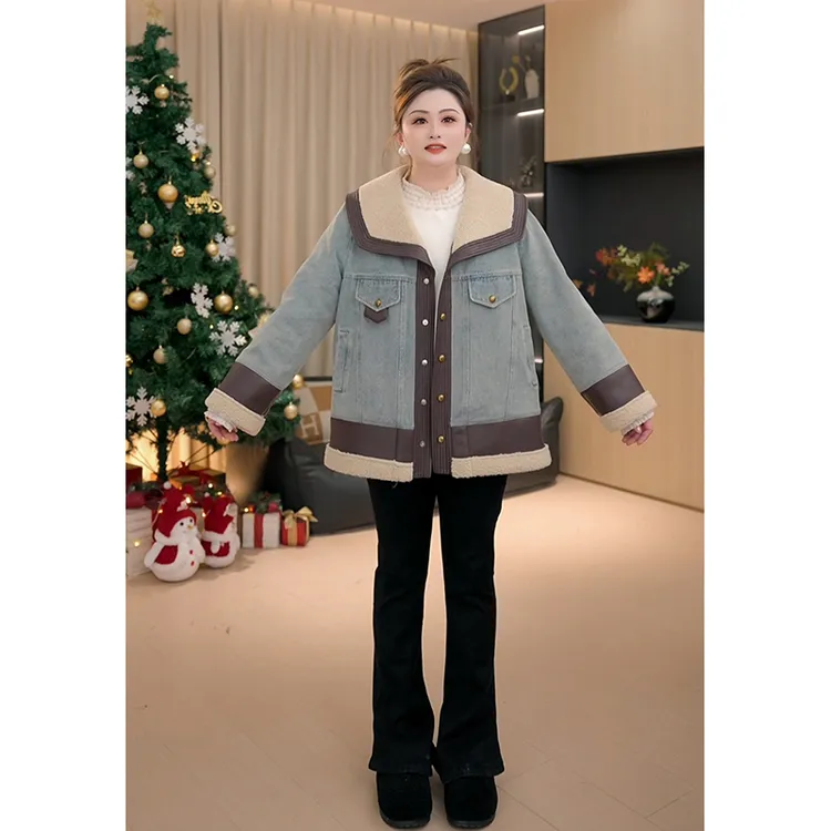 【胖佳佳】布拉格 冬季加绒加厚设计感拼接牛仔外套女H625T17829