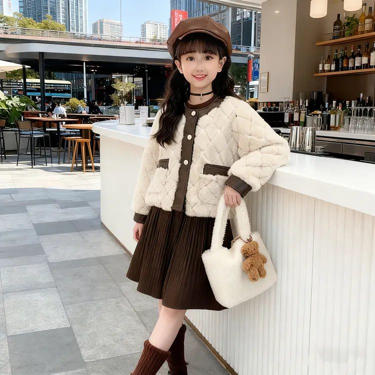 【套装同品低价】女童冬季仿皮草菱形格亮片外套加绒连衣裙两件套潮