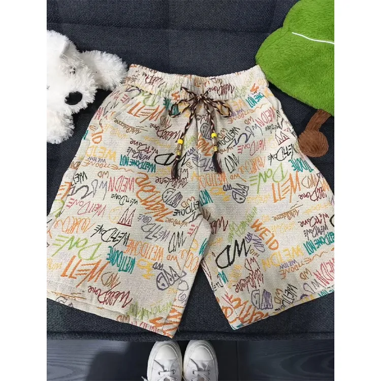美式嘻哈字母涂鸦短裤男款夏季夏威夷风沙滩花裤衩宽松直筒五分裤