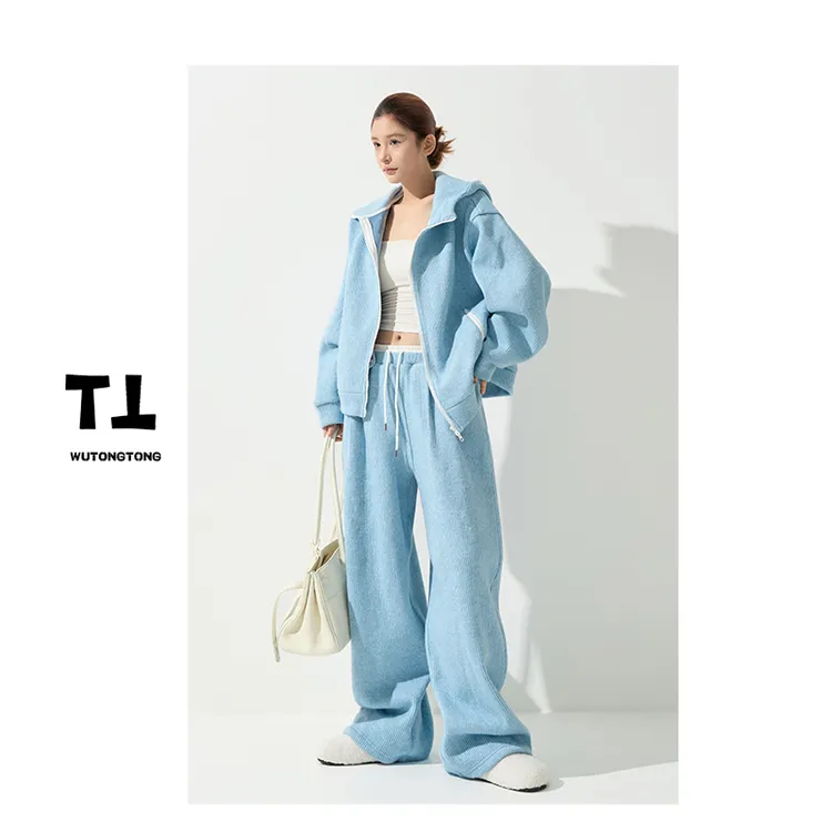 现货【暖阳斜照】冬季连帽加绒开衫卫衣两件套女休闲裤套装62791