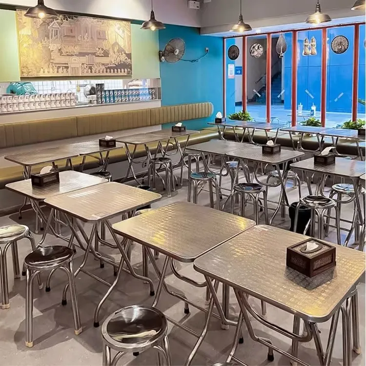 不锈钢方桌子便携折叠餐桌家用简易饭桌港风烧烤茶餐厅甜品小吃店