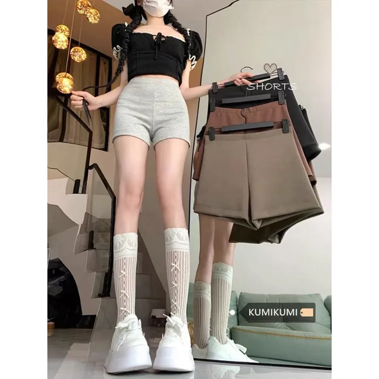 辣妹灰色短裤弹力紧身热裤休闲裤女装春季高腰显瘦运动裤棕色裤子