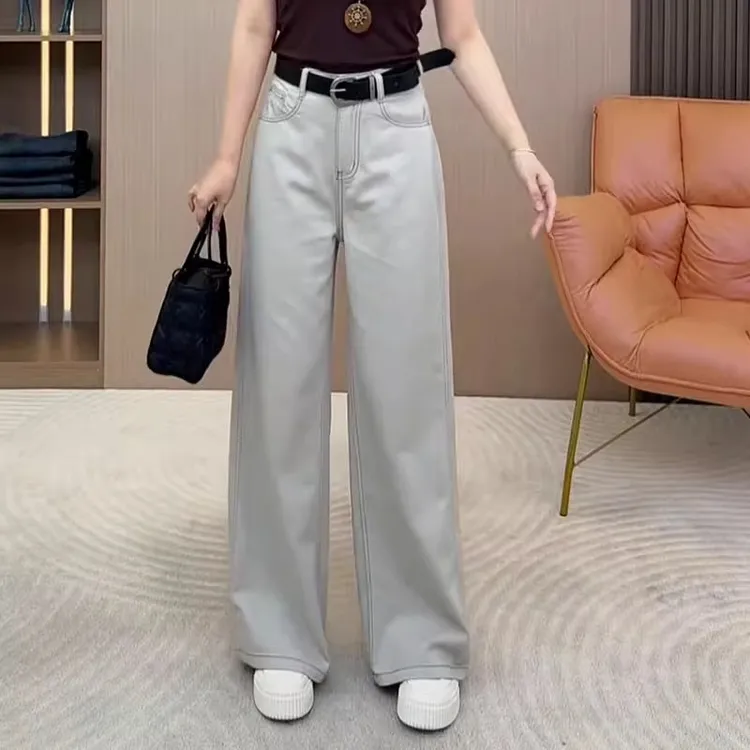 拉夏贝尔百搭阔腿牛仔裤子女2025夏季新款高腰宽松休闲窄版直筒裤