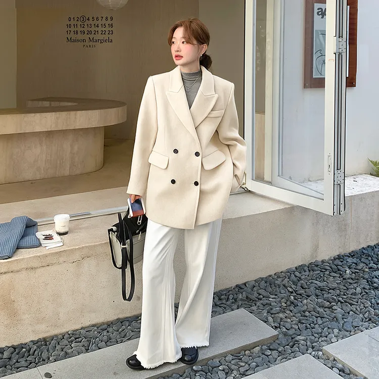 高级感双面羊绒小西装外套女韩版秋季灰色毛呢休闲羊毛西服小个子