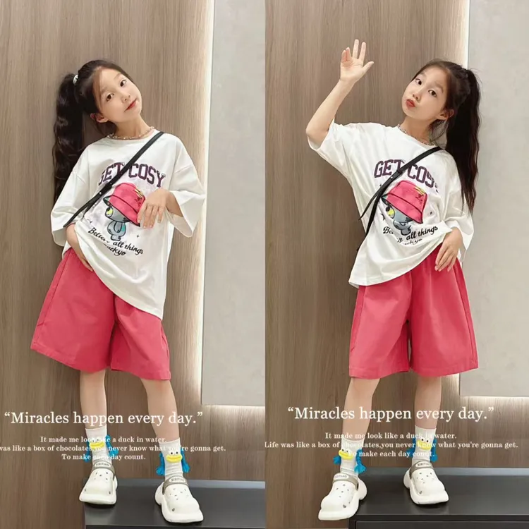 女童卡通大版短袖T恤套装夏季休闲洋气女孩宽松多巴胺系棉布中裤