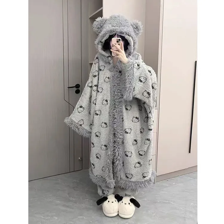 【灰Kt】冬款斗篷带袖子毛绒睡衣加厚睡衣外穿韩版网红时尚宽松显瘦