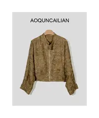 AoQunCaiLian秋季设计师做旧复古破洞立领拉链外套上衣-GG6017C