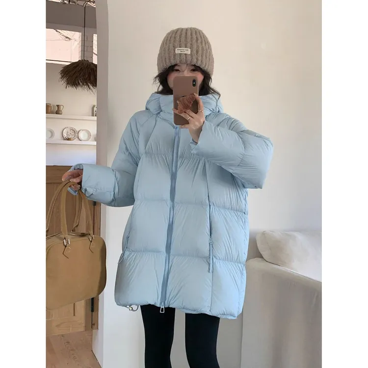 2025冬季新款泡芙羽绒服女中长款小个子白鸭绒加厚面包服连帽外套