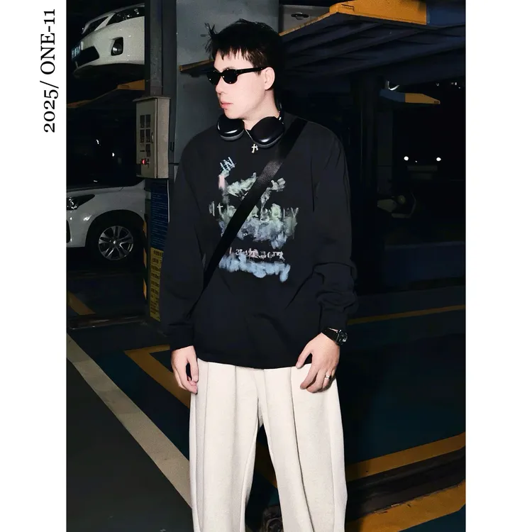 ins风宽松版高克重潮流T桖简约百搭款男士印花秋季长袖打底