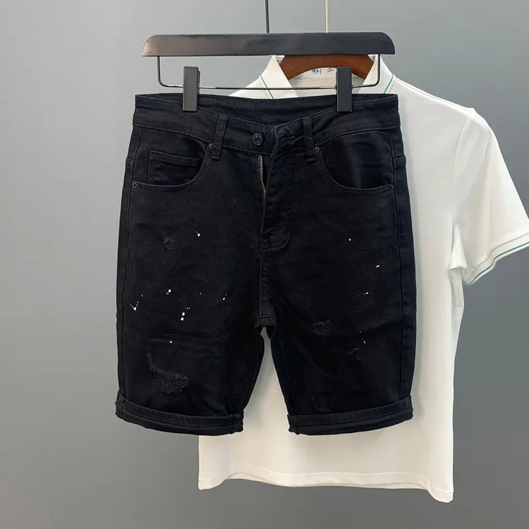 夏季新款破洞牛仔短裤男士25年泼墨黑色高街弹力小直筒五分中裤子