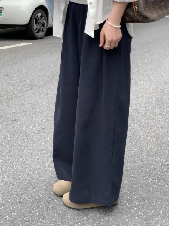 韩系简约藏青色休闲长裤女2025秋季新款慵懒风显瘦遮胯阔腿裤子夏