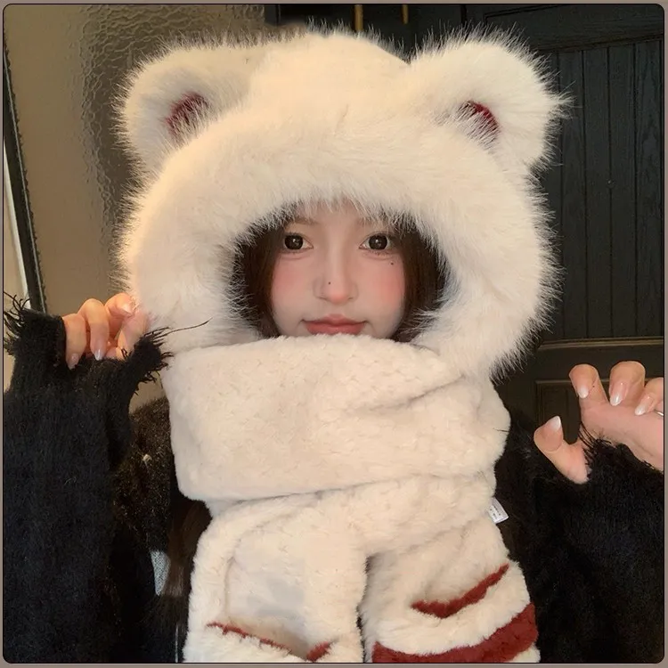 可爱小熊耳朵帽子围巾手套一体防寒保暖女冬天加厚毛绒连帽骑车帽