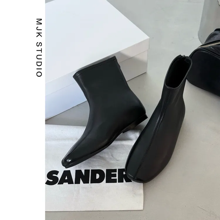 气质极简舒适绒面羊皮短靴方头秋冬瘦瘦靴女靴子真皮及踝靴