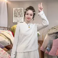 女士秋冬文艺休闲刺绣立领长袖打底衫小立领设计款套头上衣T恤