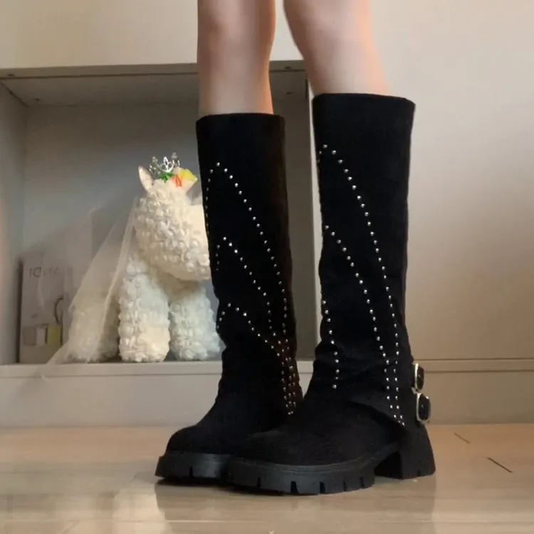 羊皮版~厚底铆钉裤管靴复古显瘦长靴女西部靴大筒围不过膝骑士靴