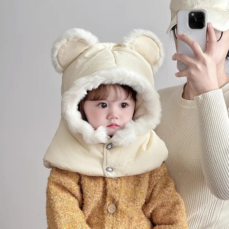 儿童帽子秋冬季新款男女童防寒保暖护耳帽女孩毛绒小熊加厚套头帽