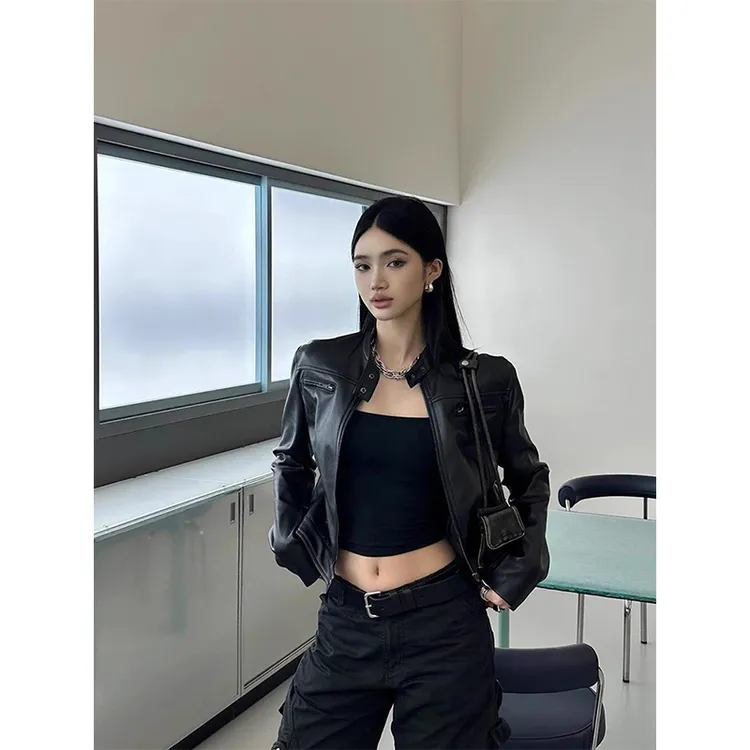 辣妹复古美式pu皮衣外套女短款春秋季百搭修身显瘦机车服夹克上衣