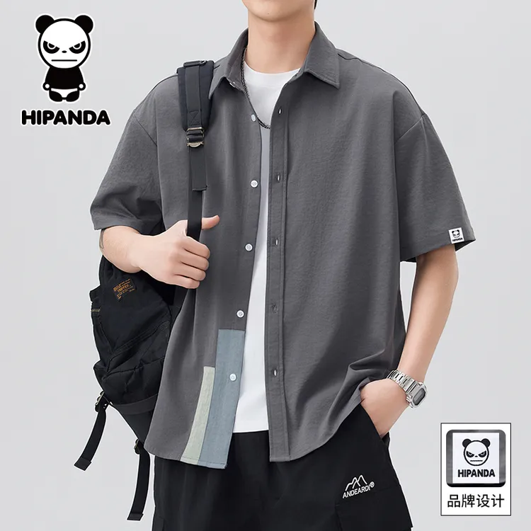 HiPanda你好熊猫衬衫男士短袖夏季薄款休闲百搭潮流简约立领上衣