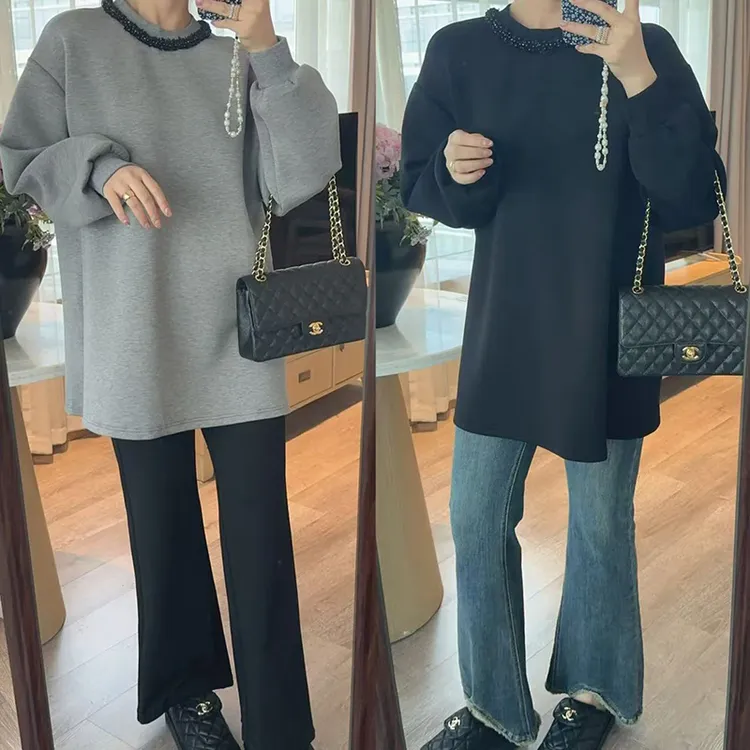 【DIS 定制】【拾花织絮】早秋百搭宽松圆领拼接钉珠卫衣