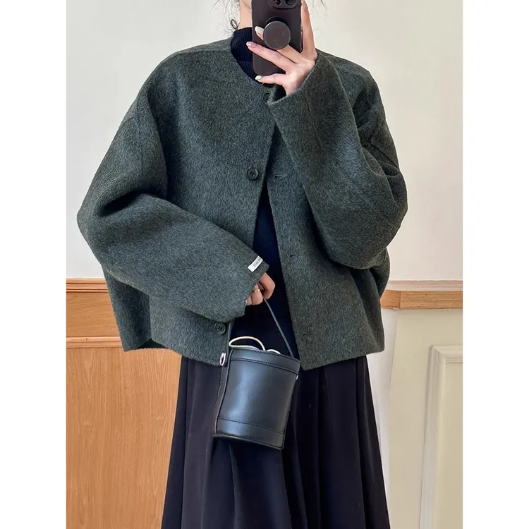 灰色双面呢大衣女短款2024秋冬新款韩版高端气质宽松香风毛呢外套