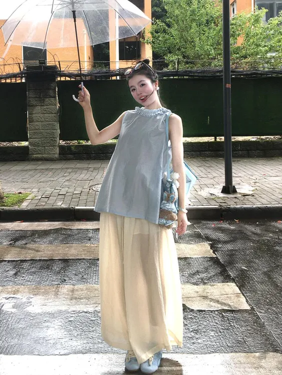 2025夏季新款法式气质透气时尚穿搭无袖花边衬衫高腰阔腿裤两件套