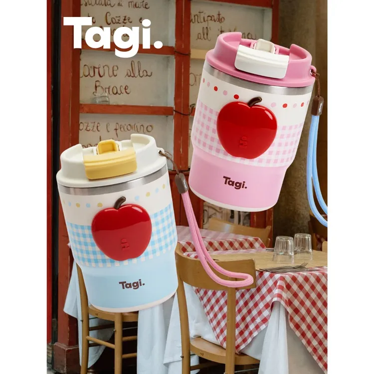 Tagi.想象苹果双饮吸管杯咖啡便携手拎不锈钢随行杯手提带盖可爱