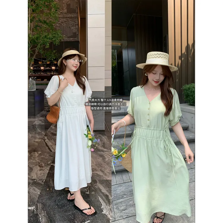 现货大婉酱微胖定制【莫奈睡莲】法式V领小众连衣裙女夏季裙子9396D