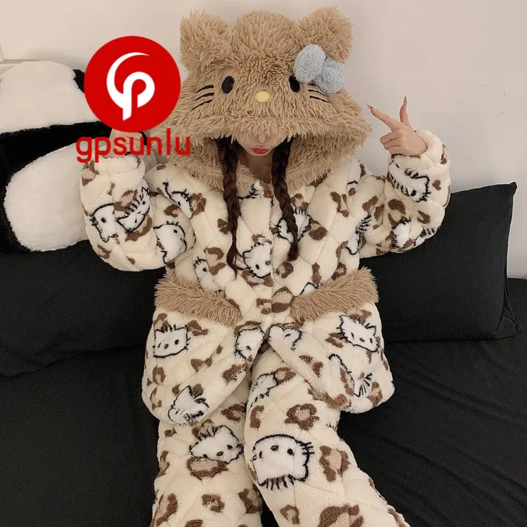 GPsunlu豹纹卡通猫冬天保暖睡衣女秋冬珊瑚绒三层夹棉加绒家居服