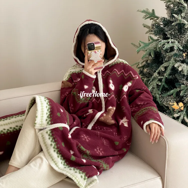 圣诞风睡衣女冬季加厚保暖羊绒长款连帽可爱毛绒拉链睡袍居家服