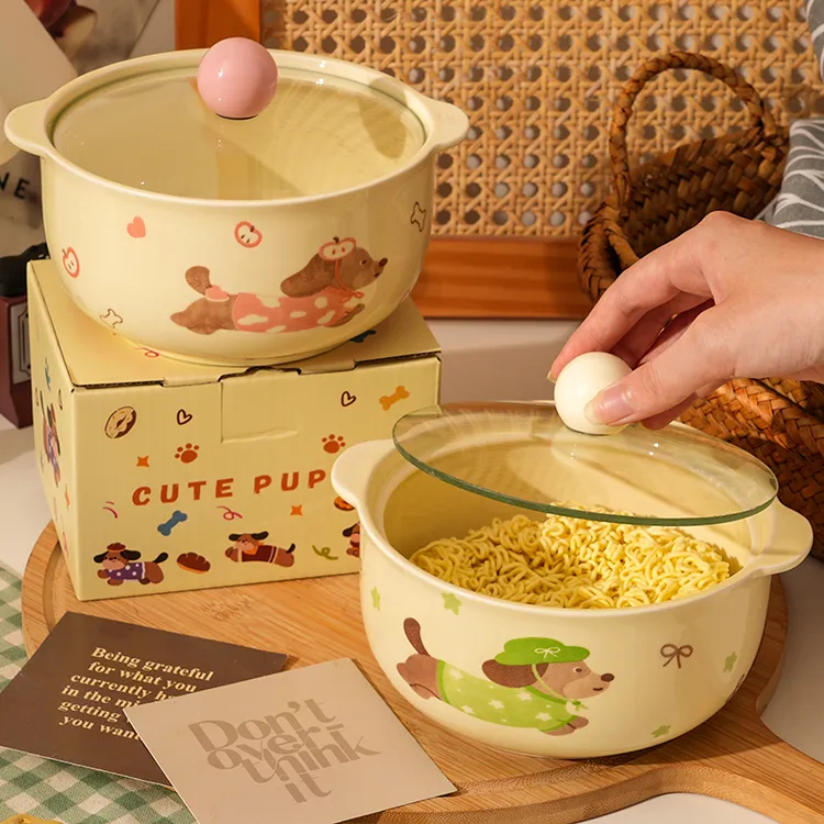 【带盖泡面碗】釉下彩腊肠狗陶瓷泡面碗餐具学生宿舍耐高温防烫双耳