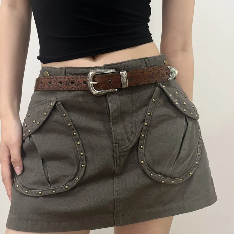 2026新款美式复古民族y2k腰带皮带牛仔裤ins高级搭配棕色压花洋气