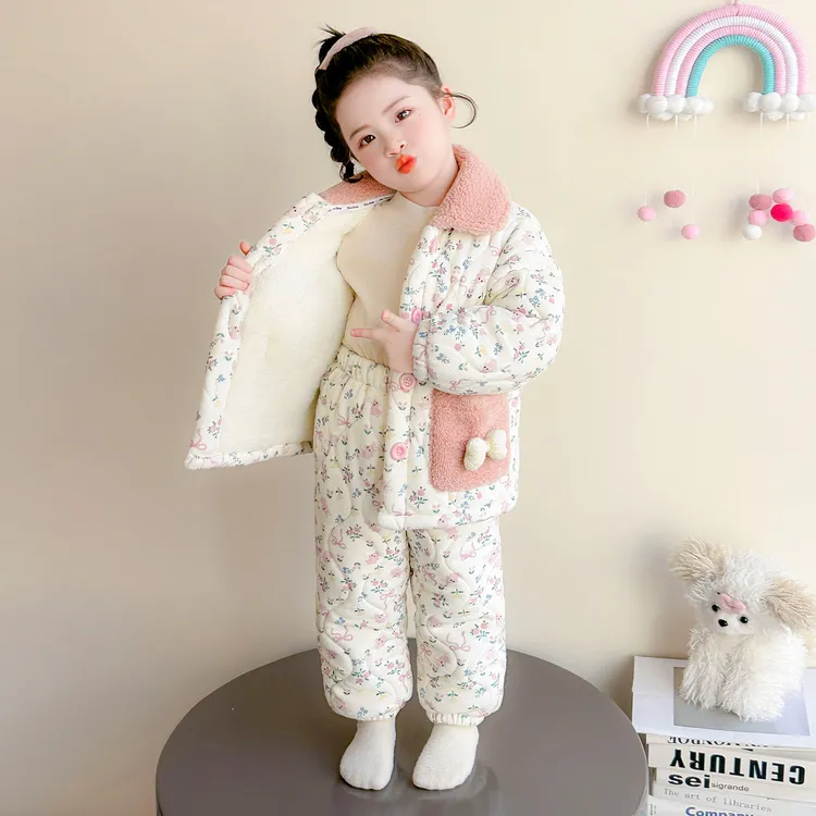 女童三层夹棉睡衣冬季2025新款女宝宝冬款加绒加厚儿童冬装家居服