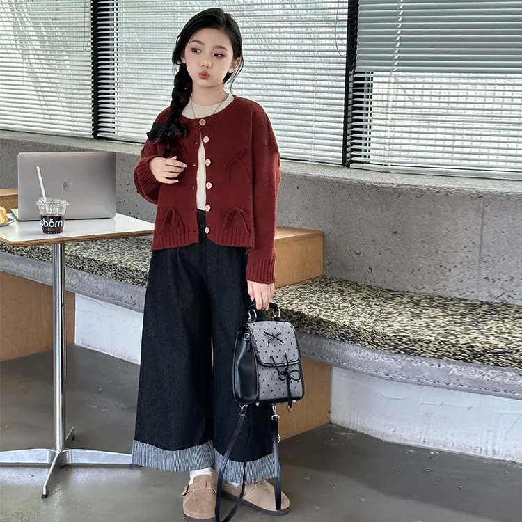 韩系穿搭女童毛衣秋装2025新款套装大童儿童秋冬开衫针织红色外套