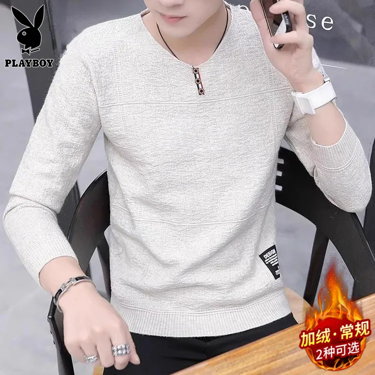 花花公子男士薄款毛衣秋冬季新款潮流修身休闲上衣v领长袖打底衫