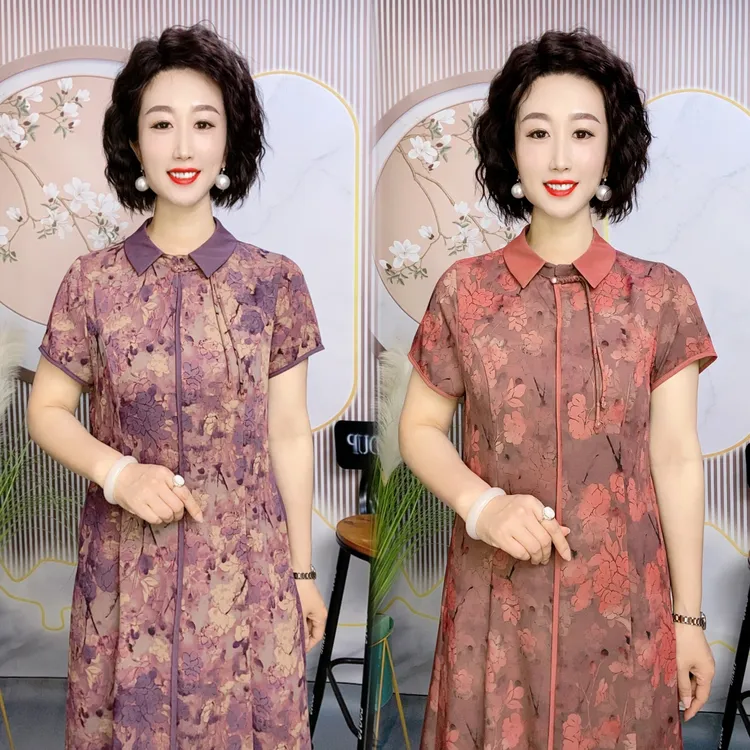 8809翻领植物花卉中老年改良旗袍显瘦气质A字裙
