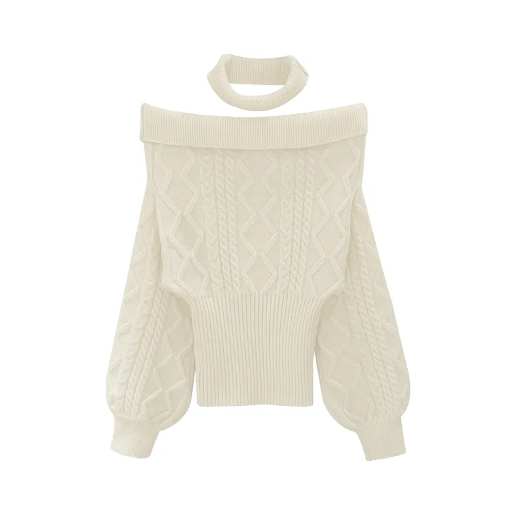 品牌同款麻花一字肩露肩针织衫女秋2025新款韩系氛围感慵懒风上衣