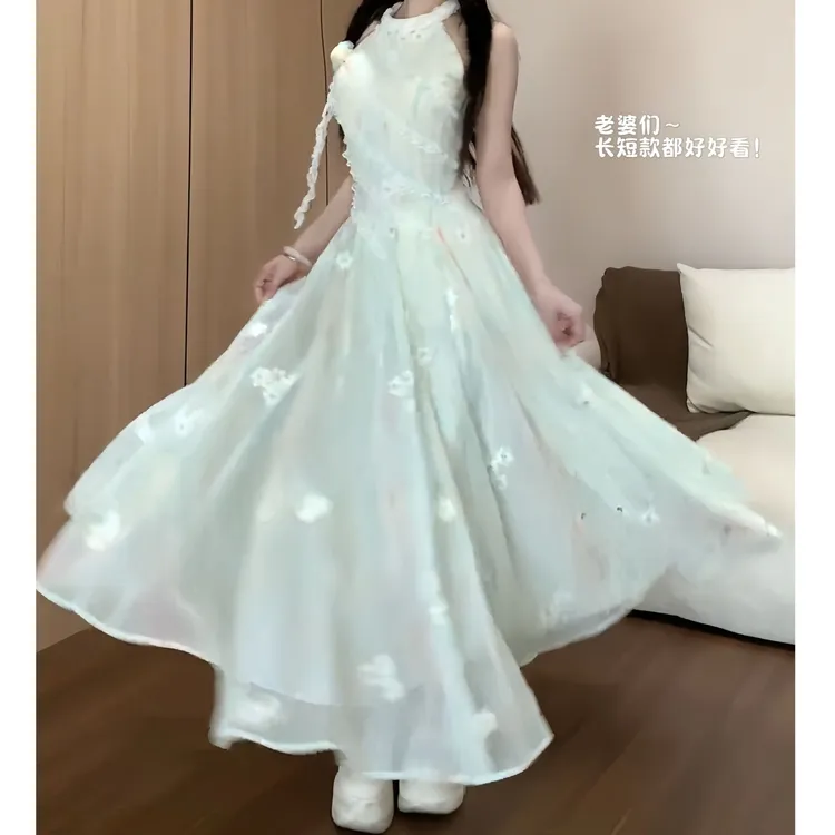 茉莉青绿2.0 夏季甜美显瘦收腰设计感连衣裙法式新款高级感蓬蓬裙