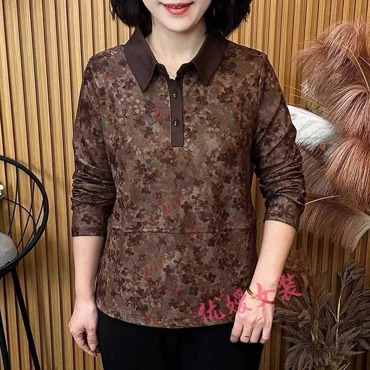 中老年女装秋冬翻领拼接碎花宽松显瘦遮肚百搭洋气妈妈装长袖上衣