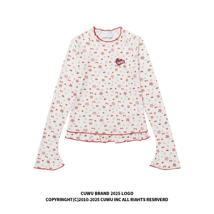 cuwu甜美满印星星蝴蝶结长袖T恤女秋季修身显瘦喇叭袖短款上衣ins