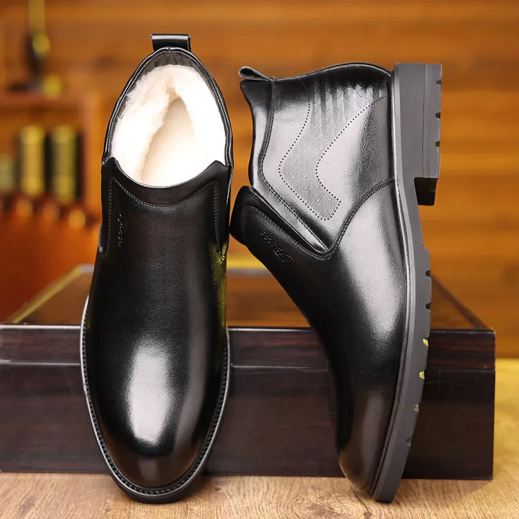 头层牛皮保暖加绒男士皮鞋高帮羊毛棉鞋男款真皮休闲中老年爸爸鞋