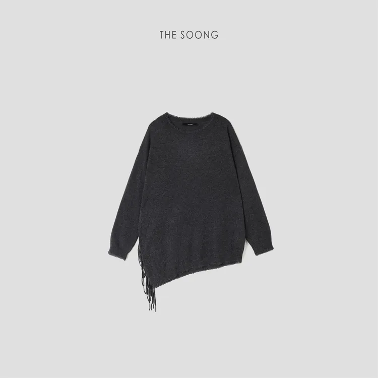 THESOONG|定制纯山羊绒"手缝流苏细腻糯感机织圆领毛衣HWMY7575