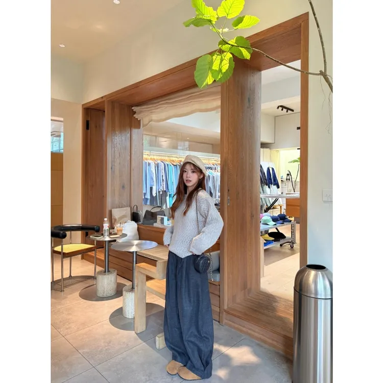 韩版慵懒风软糯套头毛衣女秋冬季针织衫+宽松阔腿裤长裤两件套装