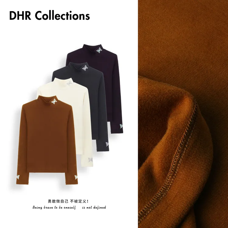 豆豆11【花蝴蝶】桑蚕丝冬季半高领长袖T恤百搭休闲打底衫-25DD132