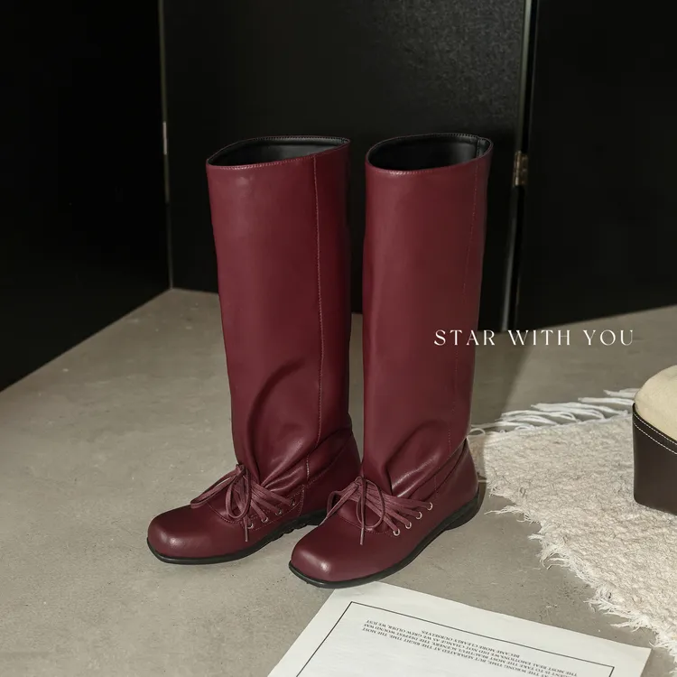 【STAR】复古褶皱中筒绑带做旧芭蕾风方头高级感堆堆靴3cm