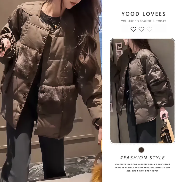 欧洲站2025冬季新款时尚百搭显瘦减龄休闲风长袖圆领单排扣棉服