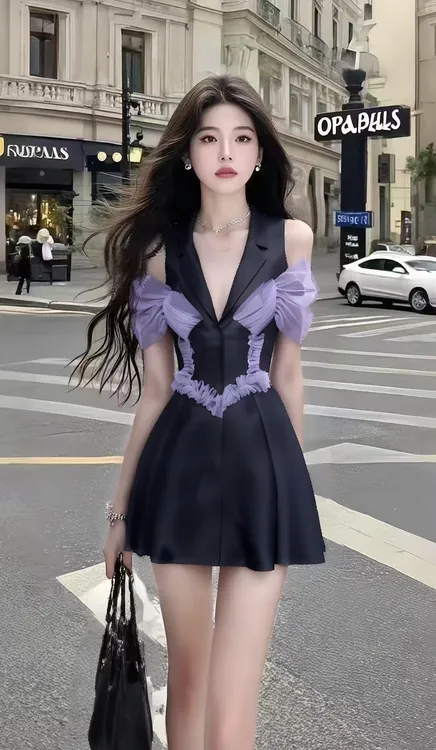 夏季新款辣妹风V领收腰露肩短袖连衣裙女小众设计时尚高级