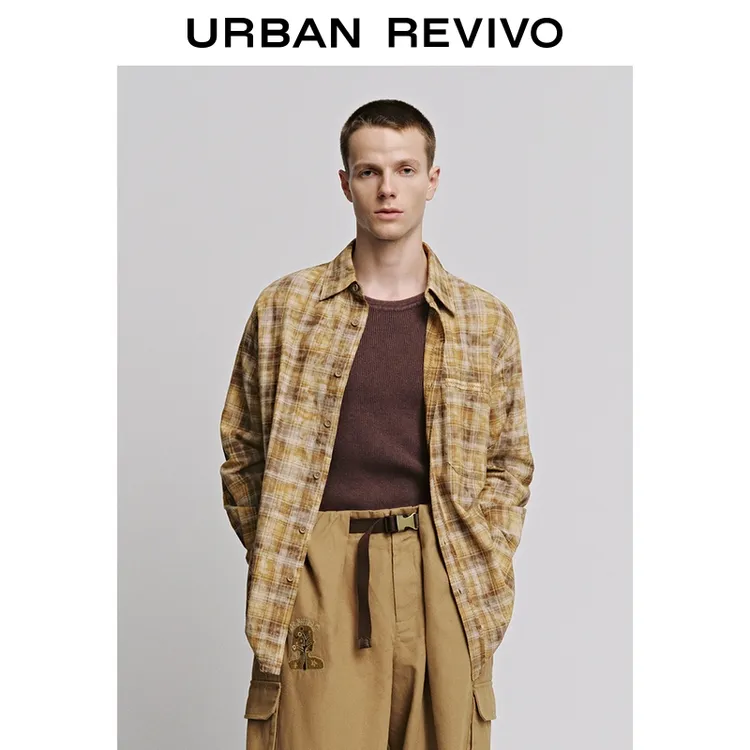 【明星同款】UR2025秋季新款男琥珀流光格纹开襟衬衫UML250072