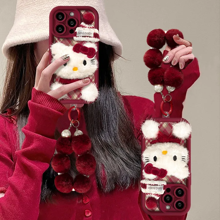 酒红色毛绒KT适用苹果17Pro华为OPPO/VIVO小米iPhone16天眼手机壳