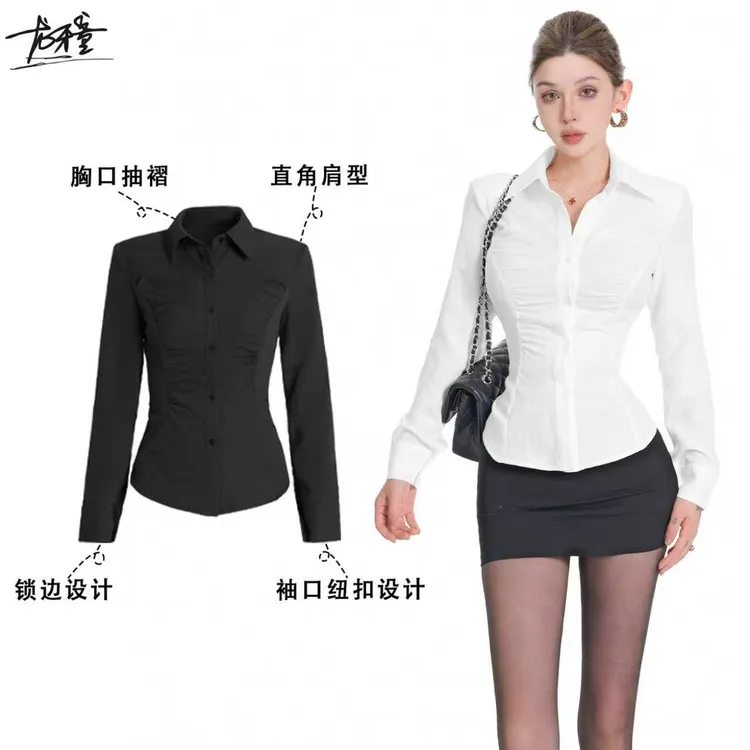 龙牙童推荐【衬衫佼佼者】单排多扣显瘦女装收腰POLO领黑色气质时尚
